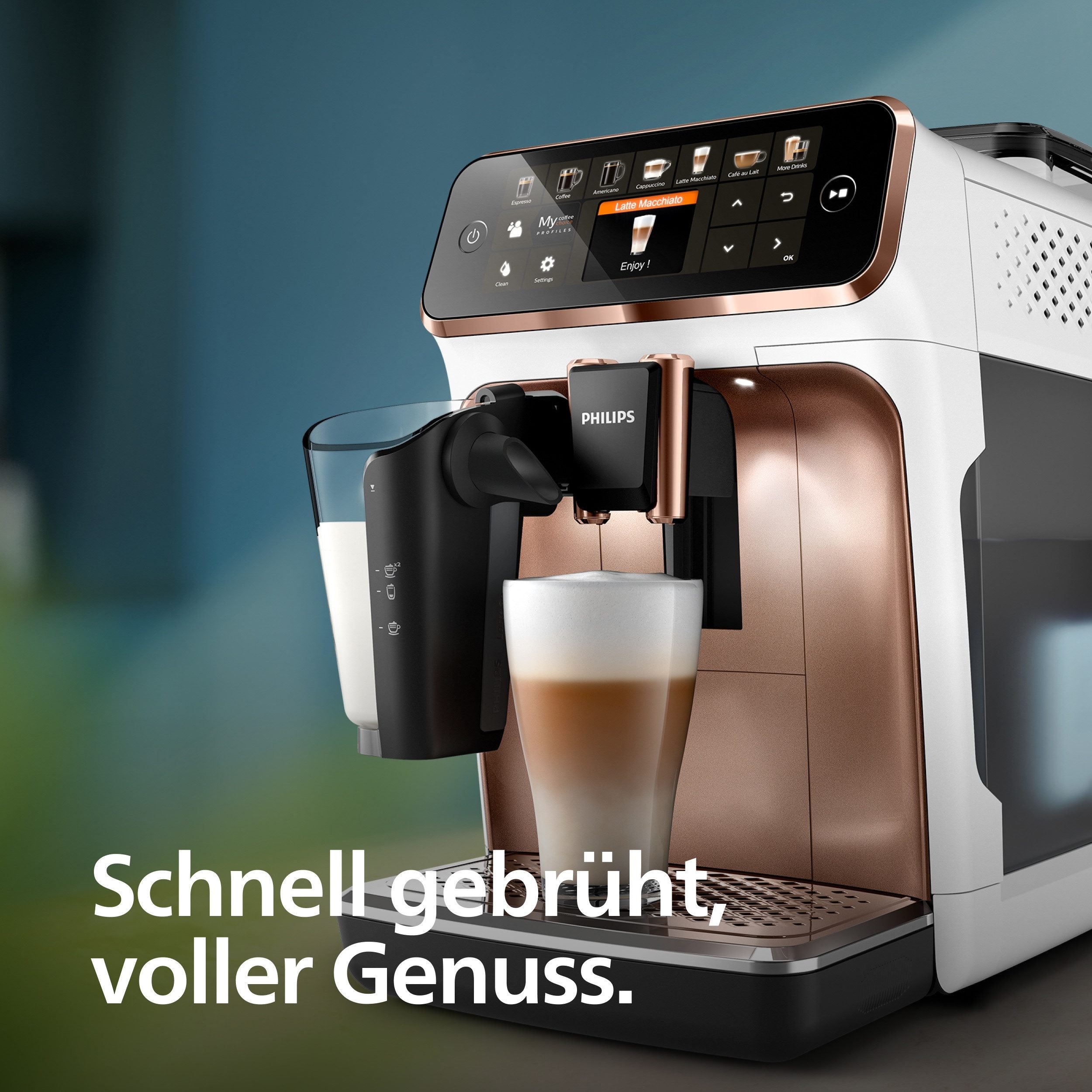 PHILIPS Kaffeevollautomat 5400 Series EP5443/70 LatteGo 12 Kaffeespezialitäten und 4 Benutzerprofilen weiß/roségold