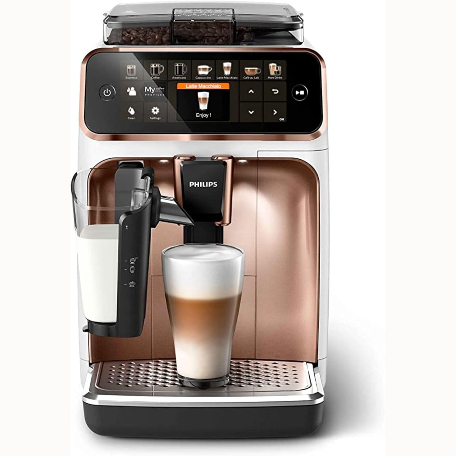 PHILIPS Kaffeevollautomat 5400 Series EP5443/70 LatteGo 12 Kaffeespezialitäten und 4 Benutzerprofilen weiß/roségold