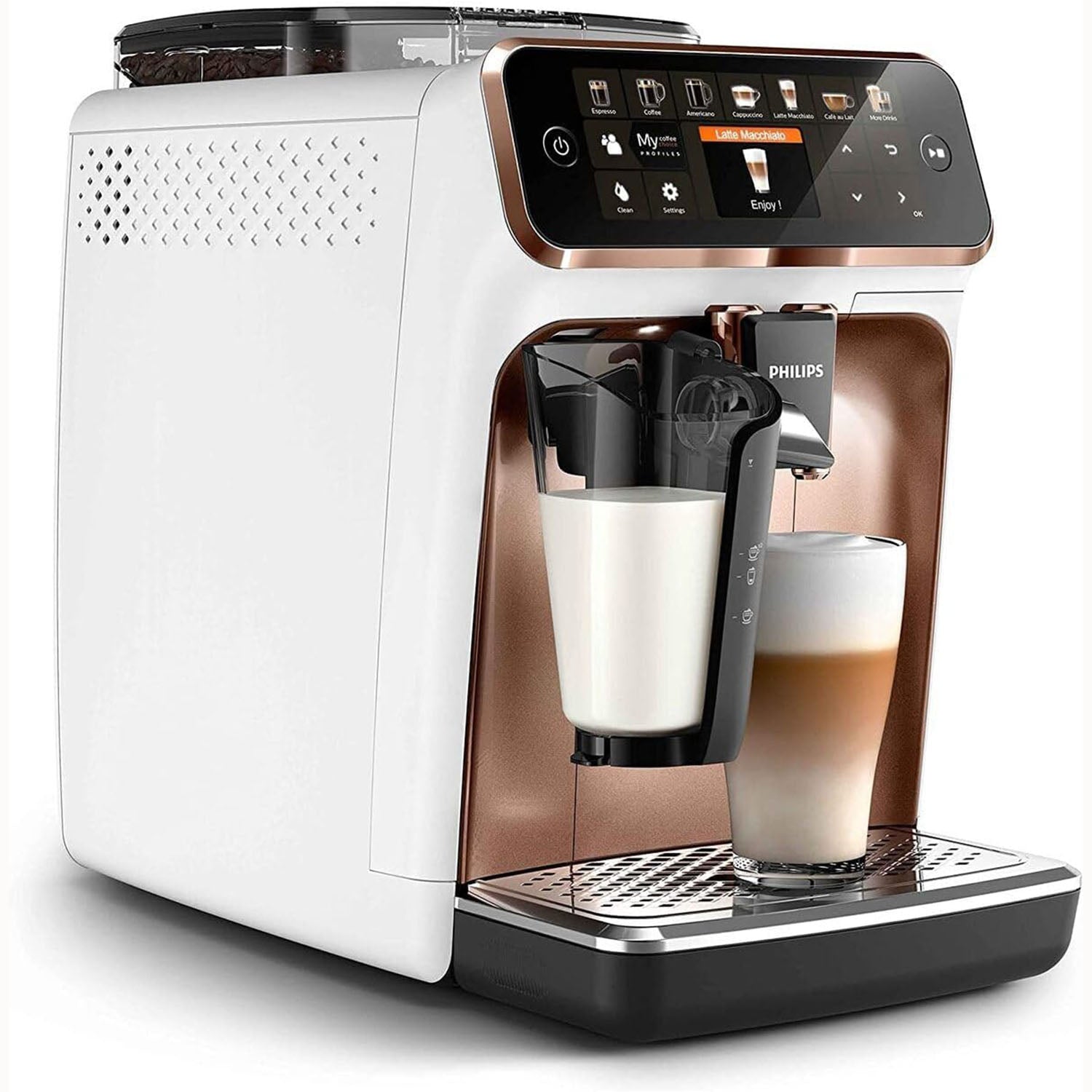 PHILIPS Kaffeevollautomat 5400 Series EP5443/70 LatteGo 12 Kaffeespezialitäten und 4 Benutzerprofilen weiß/roségold